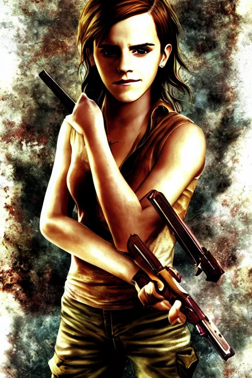 Image similar to emma watson, survival horror, playstation 2 game box keyart