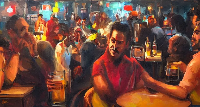 Image similar to people drinking and having fun, artwork by salman toor, cinematic light, atmospheric effects