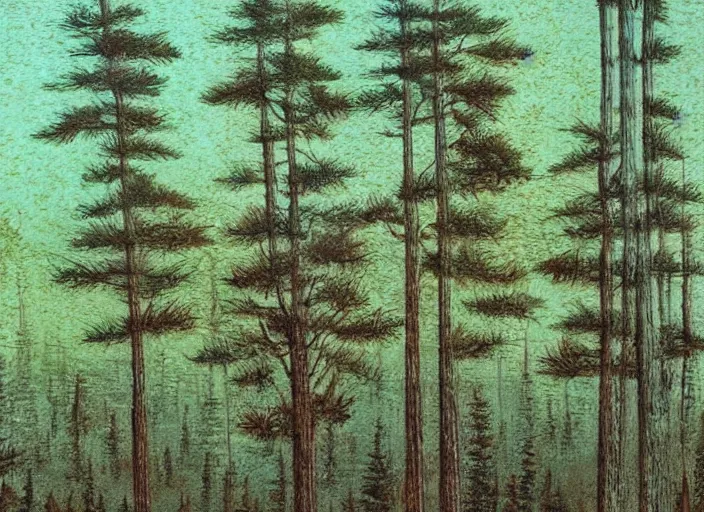 Prompt: A summer pine tree forest drawn with crayon by Da Vinci with holy golden sparkle ink and deep brown oak paints on a fine art canvas detailed landscape masterpiece.