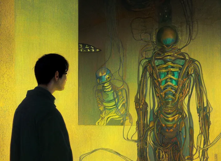 Image similar to portrait of man with alien interior bright factory building, cynical realism, painterly, yoshitaka amano, miles johnston, moebius, beautiful lighting, miles johnston, klimt, tendrils, in the style of, louise zhang, victor charreton, james jean, two figures