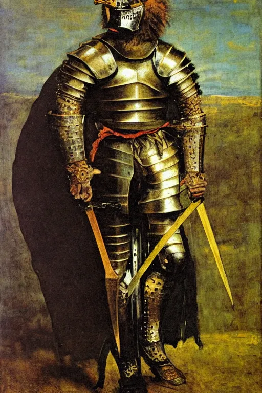 Prompt: hulking medieval knight in armor with a lion - headed cowl, bristling with weapons, menacing, bloody trails, portrait, painting by francis bacon, by ilya repin, by goya