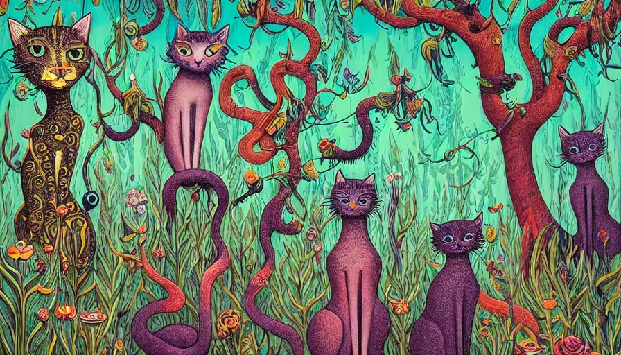 Image similar to highly detailed contemporary acrylic painting of really tall sitting cats by joe fenton, thick brush strokes and visible paint layers, dense overgrown forest background, vivid pastel color scheme