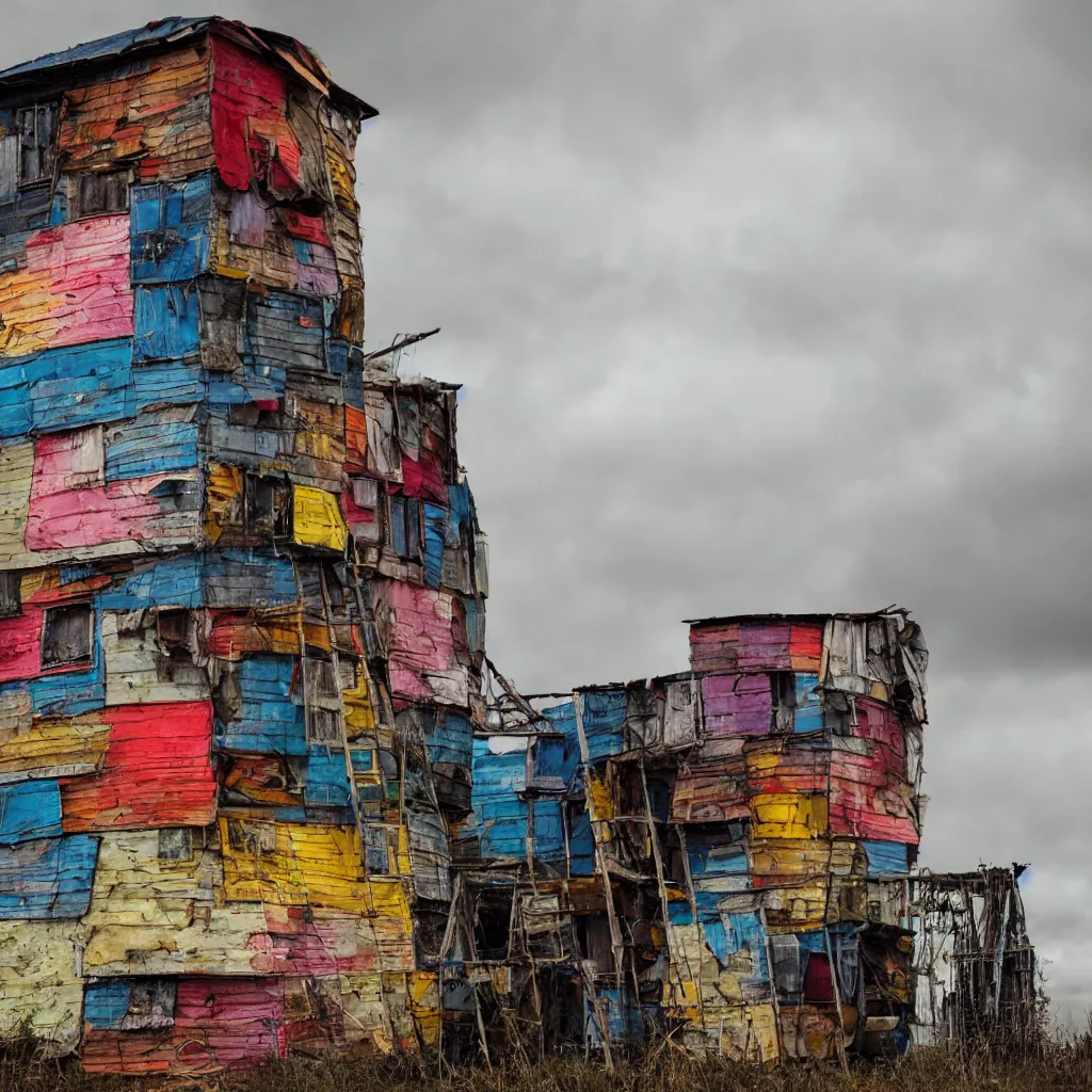 Image similar to close - up view of a tower made up of colourful makeshift squatter shacks, bleached colours, moody cloudy sky, dystopia, mamiya, very detailed, photographed by cristina de middel