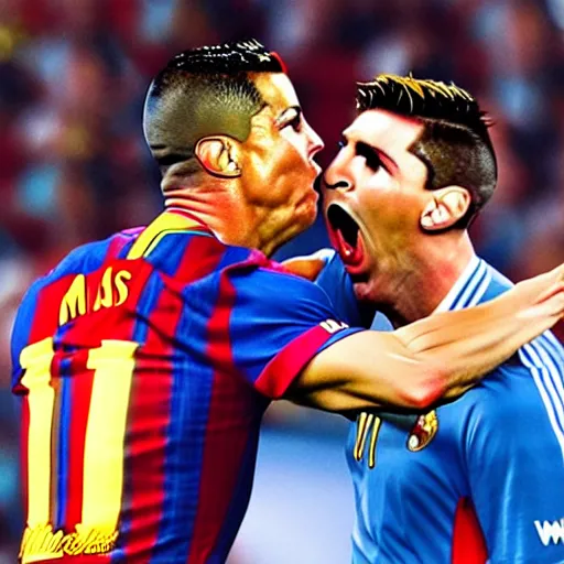 Prompt: Angry Ronaldo choking Messi