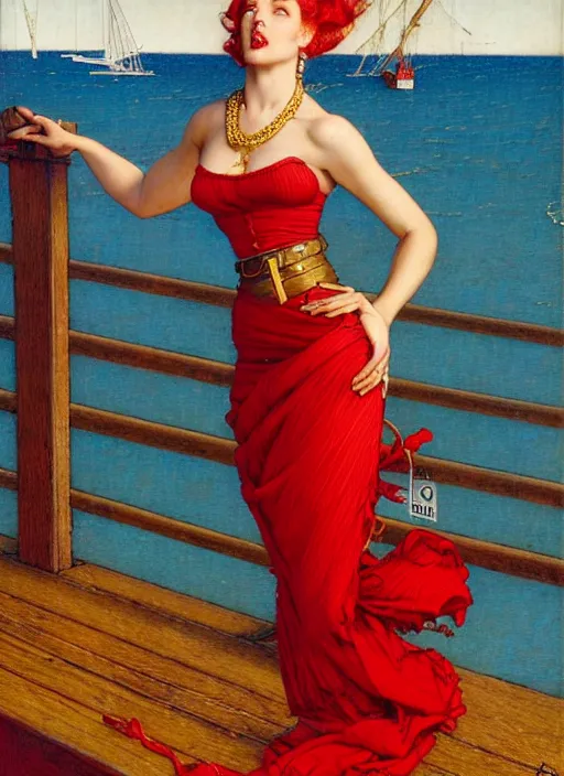 Image similar to a fancy beautiful young lady standing on a wharf at the edge of the sea, very tight gold chain belt, stylish heels, beautiful hair, red dress, by brom and gil elvgren and jean delville and william blake and norman rockwell and michael whelan, crisp details, hyperrealism, high detail, high contrast, low light