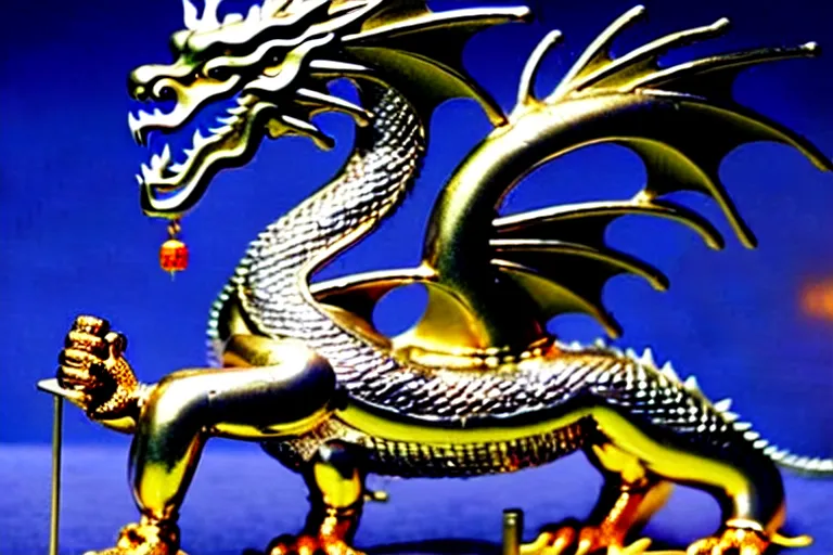 Image similar to metallic dragon god, worship him. ra prostrated, glistening aura. futuristic chinese
