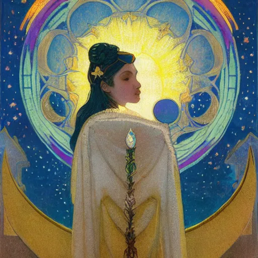 Image similar to queen of the moon with stars in her hair, by nicholas roerich and annie swynnerton and donato giancola and dulac, dramatic lighting, god rays, geometric tattoos, rich colors, smooth sharp focus, extremely detailed, leo and diane dillon, adolf wolfli