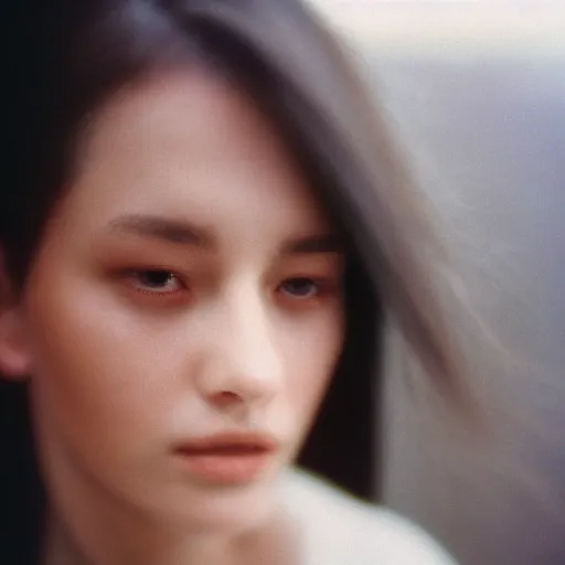 Image similar to Close-up of a young gorgeous woman’s face hopeless, frigthened and crying a lot, low light, soft focus, cinestill 800t