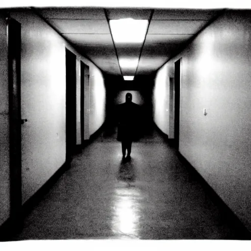 Prompt: a dark figure at the end of a creepy empty office hallway. found footage craiglist photo.