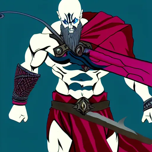 Image similar to kratos in the game hades, still from the game, cel shaded, anime style, highly detailed