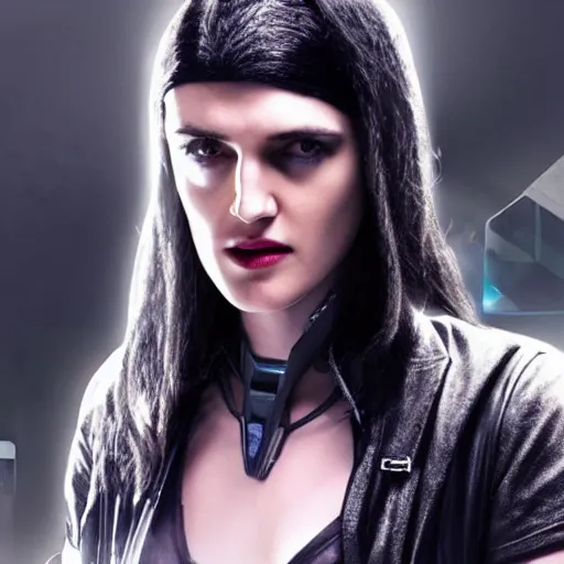 Image similar to Katie McGrath as Cyberpunk Morgana