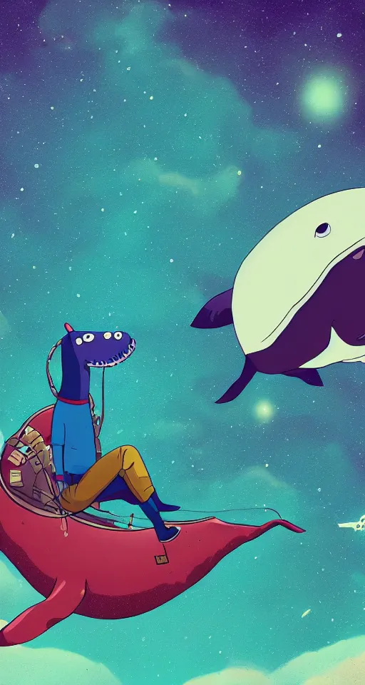 Image similar to Bojack Horseman riding a whale in space, beautiful digital art, trending on artstation, Bojack Horseman, Space whale