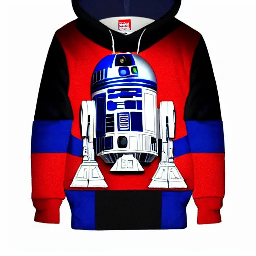 Prompt: R2D2 wearing supreme hoodie