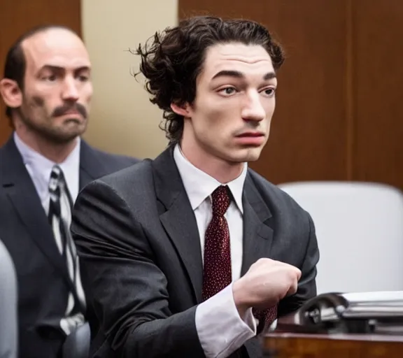 Prompt: Saul Goodman defending Ezra Miller in court, photography, realistic faces, detailed