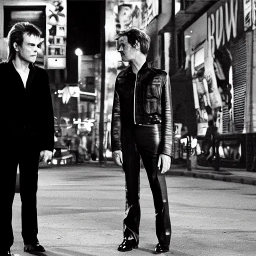 Image similar to David bowie and Michael c hall standing in the streets, nightlife, cityscape, surrealist