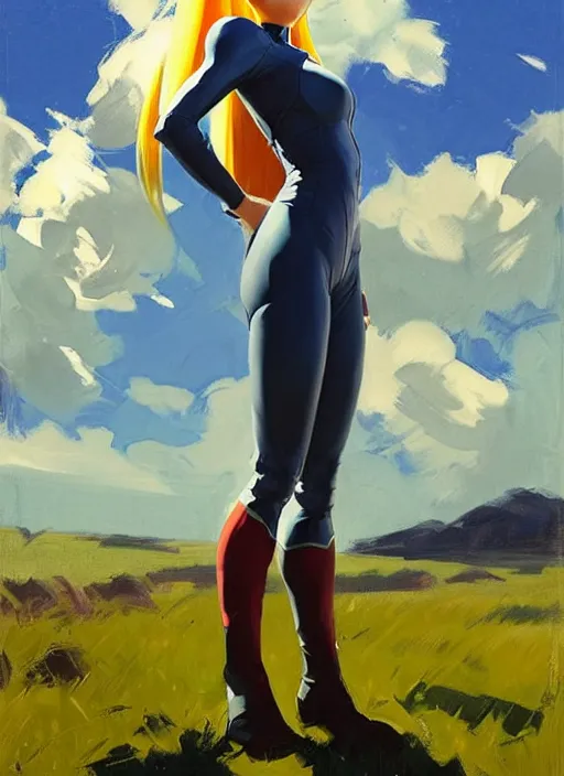 Prompt: Greg Manchess painting of Zero Suit Samus, countryside, calm, fantasy character portrait, dynamic pose, above view, sunny day, thunder clouds in the sky, artwork by Jeremy Lipkin and Giuseppe Dangelico Pino and Michael Garmash and Rob Rey, very coherent asymmetrical artwork, sharp edges, perfect face, simple form, wacky, 100mm