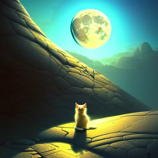 Prompt: cat on the moon, futuristic, sci-fi, contrast volumetric light, highly detailed, digital painting, artstation, concept art, sharp focus, illustration, by Evgeny Lushpin