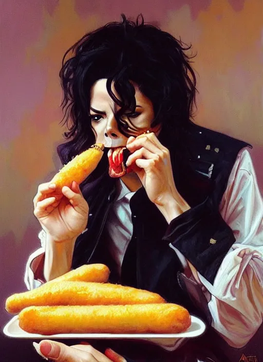 Image similar to michael jackson eating a corndog, painting by artgerm and greg rutkowski and alphonse mucha