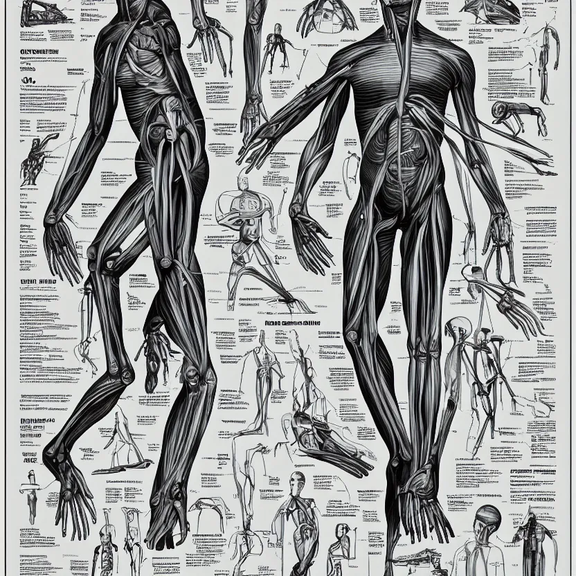 Prompt: a human anatomy diagram. pulp sci - fi art for omni magazine. high contrast. trending on artstation. retrofuturism.