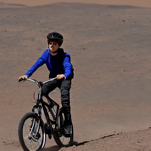 Image similar to justin bieber riding a bike on mars, photograph,