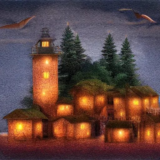 Prompt: a lamplit village on the coast of a lake, deep underground digital art