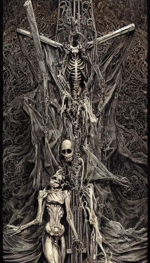 Image similar to Scorn themed painting of skeletal undead crucifixion concept, intricate artwork by H.R. Giger, Johnatan Wayshak, Zdizslaw Beksinski, Ayami Kojima, Amano, Karol Bak, Moebius, and Mark Brooks, Neo-Gothic, gothic, rich deep colors, art by Takato Yamamoto, masterpiece, face by Artgerm, very coherent artwork, cinematic, hyper realism, high detail, octane render, unreal engine, 8k, High contrast, golden ratio, trending on cgsociety