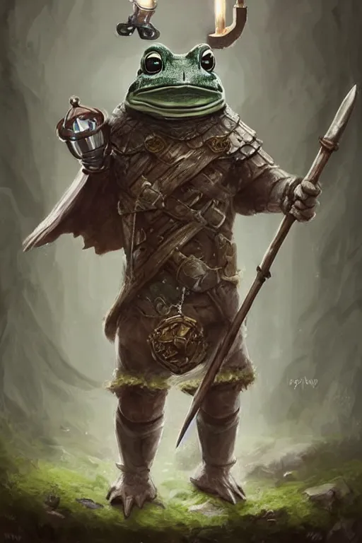 Image similar to cute anthropomorphic frog knight wearing a cape and a Viking helmet and holding lantern, tiny, small, miniature frog, baby animal, short, pale blue armor, cute and adorable, pretty, beautiful, DnD character art portrait, matte fantasy painting, DeviantArt Artstation, by Jason Felix by Steve Argyle by Tyler Jacobson by Peter Mohrbacher, cinematic lighting