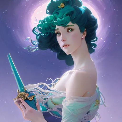 Prompt: Sailor Neptune, fantasy, intricate, elegant, highly detailed, digital painting, artstation, concept art, matte, sharp focus, illustration, art by Artgerm and Greg Rutkowski and Alphonse Mucha