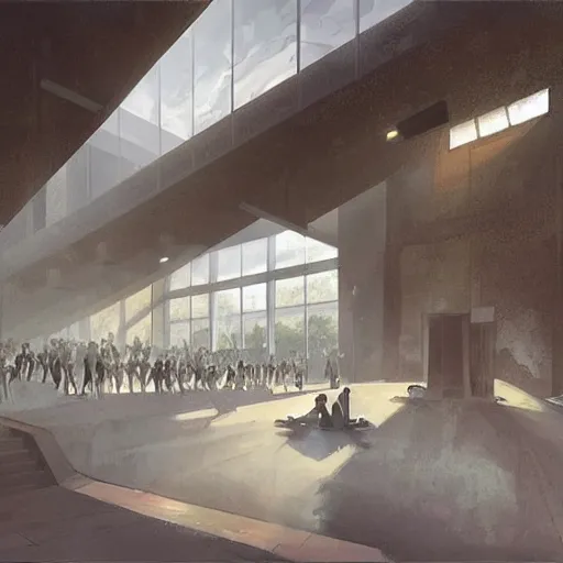 Image similar to concept art of the auditorium of a singaporean school, it is evening and light slants in through the windows, art by greg rutkowski