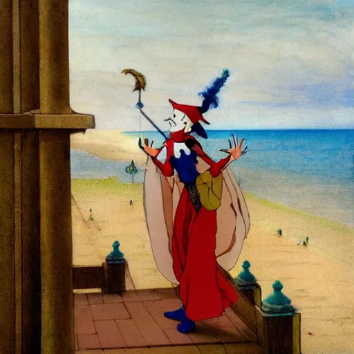 Image similar to A jester on the front of a Balustrade with a beach on the background, a colab between studio ghibli and paul delaroche