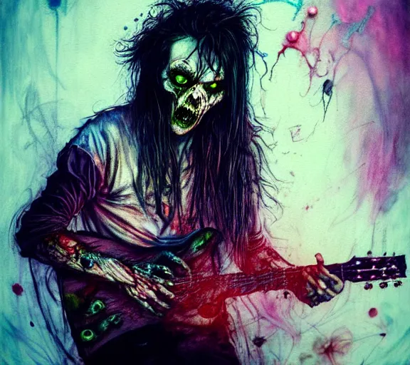 Prompt: zombie punk rocker playing guitar by agnes cecile, brian froud, intricated details, full body portrait, extremely luminous bright design, horror, pastel colours, toxic drips, autumn lights, rule of thirds by francis tneh