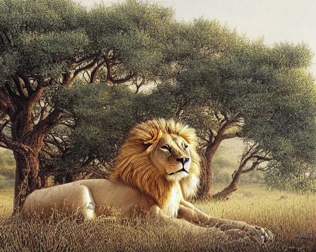 Image similar to a majestic lion under a tree in the morning by Aaron Blaise and Robert Bateman