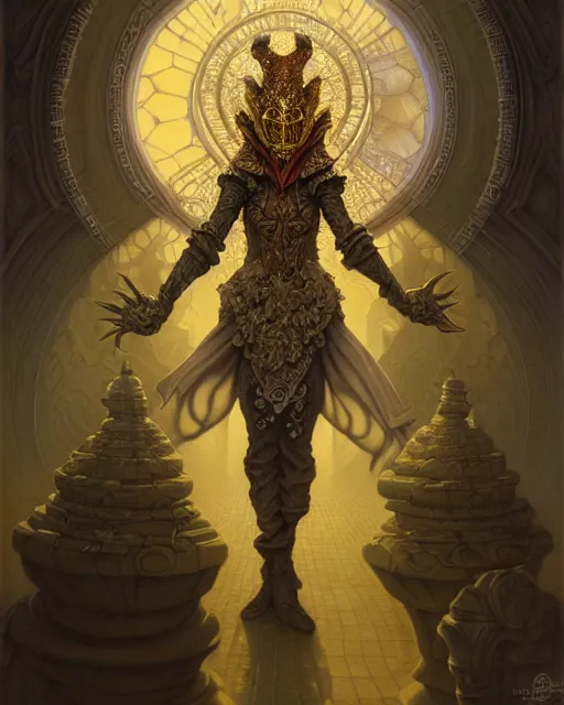 Image similar to front shot of a court jester character, hyperdimensional, bioluminescent hypercubes, ((intricate)), elegant, highly detailed, centered, (((artstation, concept art, smooth, sharp focus, artgerm, Tomasz Alen Kopera, Peter Mohrbacher, donato giancola, Joseph Christian Leyendecker, WLOP, Boris Vallejo))), mugshot!!!!!, ugly!!!!!!, octane render, nvidia raytracing demo, grainy, muted, 8K