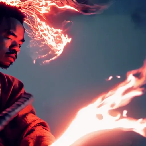 Image similar to cinematic film still of Chance The Rapper starring as a Samurai holding fire, Japanese CGI, VFX, 2022, 40mm lens, shallow depth of field, film photography