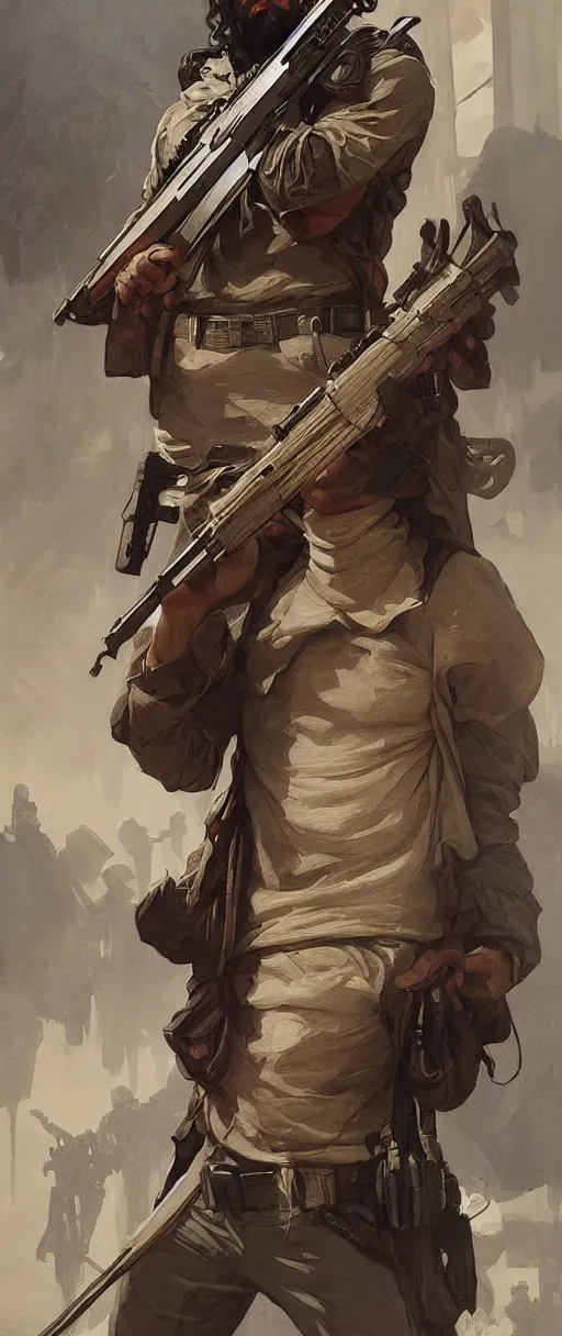 Prompt: male cottagecore taliban leader holding a kalashnikov rifle. intricate, elegant. highly detailed, digital painting, artstation, concept art, smooth, sharp, focus, illustration.. art by artgerm and greg rutkowski and alphonse mucha