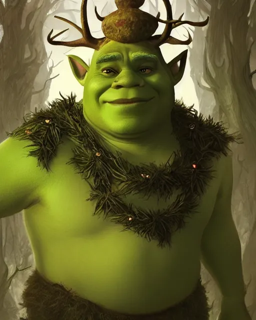 Image similar to portrait of beautiful shrek with green Elf antlers,nature,swamp,elegant,magical,highly detailed,artstation,concept art,illustration,by sakimichan,bouguereau,Ilya Kuvshinov,Ayami Kojima,Evanna Lynch