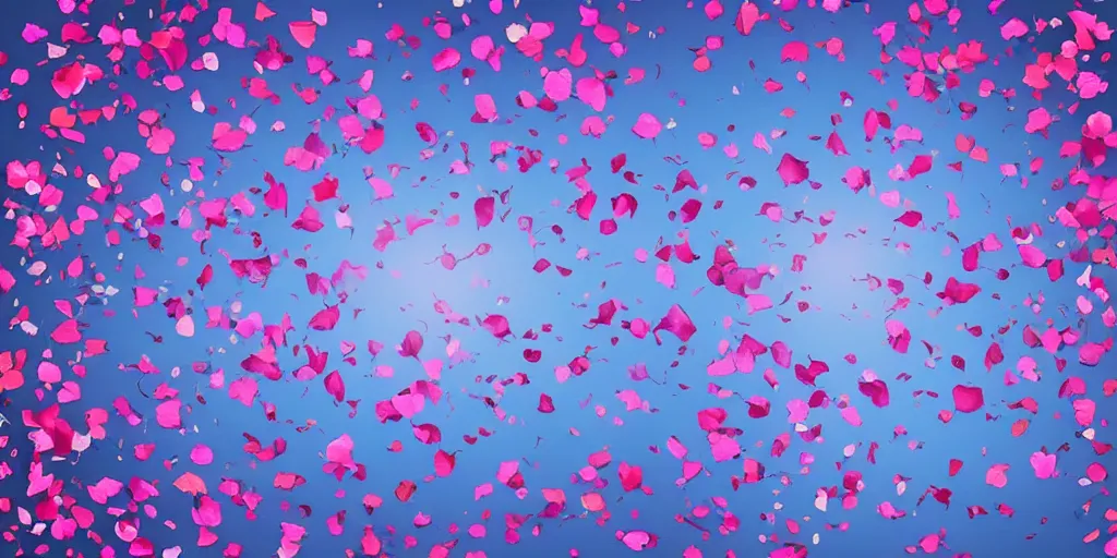 Image similar to background art of spaciously scattered flower petals flowing and floating through the blowing swirling directional wind from left to right on a simple cloudy blue sky background, large individual rose petals, angular background elements, polygonal fragments, anime, artgerm, manga, trending on artstation, art nouveau, mature color scheme