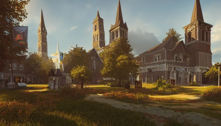 Image similar to midwest town with church, clock tower, square, trees, sunny day, volumetric light, hyperdetailed, artstation, cgsociety, 8 k