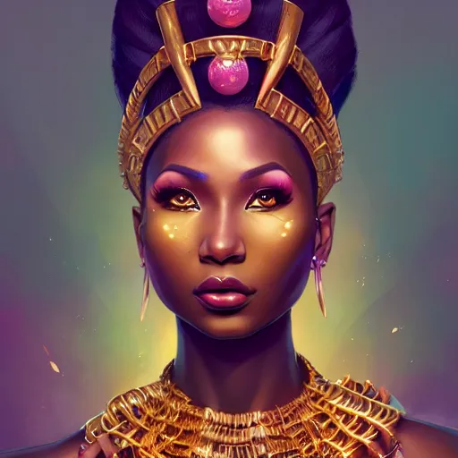 Image similar to portrait of nicki minaj, dark skin, gold jewelry, african princess, art by pete mohrbacher and guweiz and ilya kuvshinov, digital art, highly detailed, intricate, sharp focus, trending on artstation hq, deviantart, unreal engine 5, 4 k uhd image