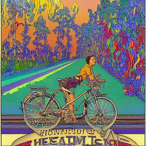 Image similar to hoffman bicycle trip, blotter art, in the style of robert crumb and lisa frank, studio ghibli, mucha, art nuevo, art deco, beautiful nature, serenity, cartoon