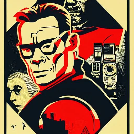 Image similar to Illustrated by Shepard Fairey and H.R. Geiger | Cyberpunk Jean claude van damme with VR helmet, surrounded by cables