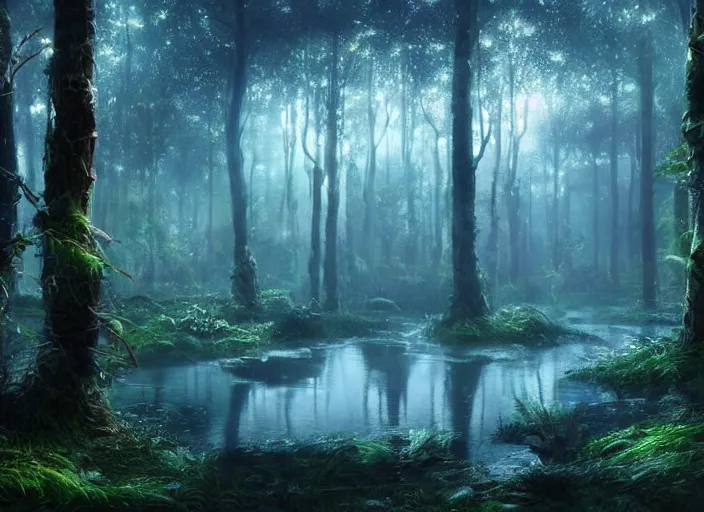 Image similar to luminescent forest biome that looks like a movie shot by pixar, ultra detailed, fantasy, hyper realism, art, smooth, beautiful art, masterpiece, landscape, cinematic, wet reflections, ray tracing x, rtx, smooth