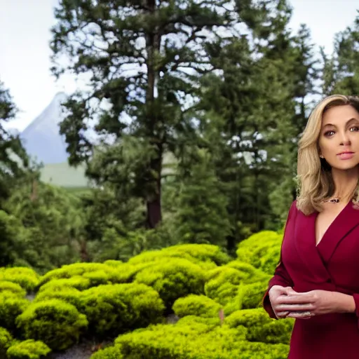 Image similar to cinematic movie still of a fox news anchorwoman reporting from rivendell, lord of the rings movie, by daniella zalcman, directed by peter jackson, highly detailed, canon eos r 3, f / 1. 4, iso 2 0 0, 1 / 1 6 0 s, 8 k, raw, symmetrical balance