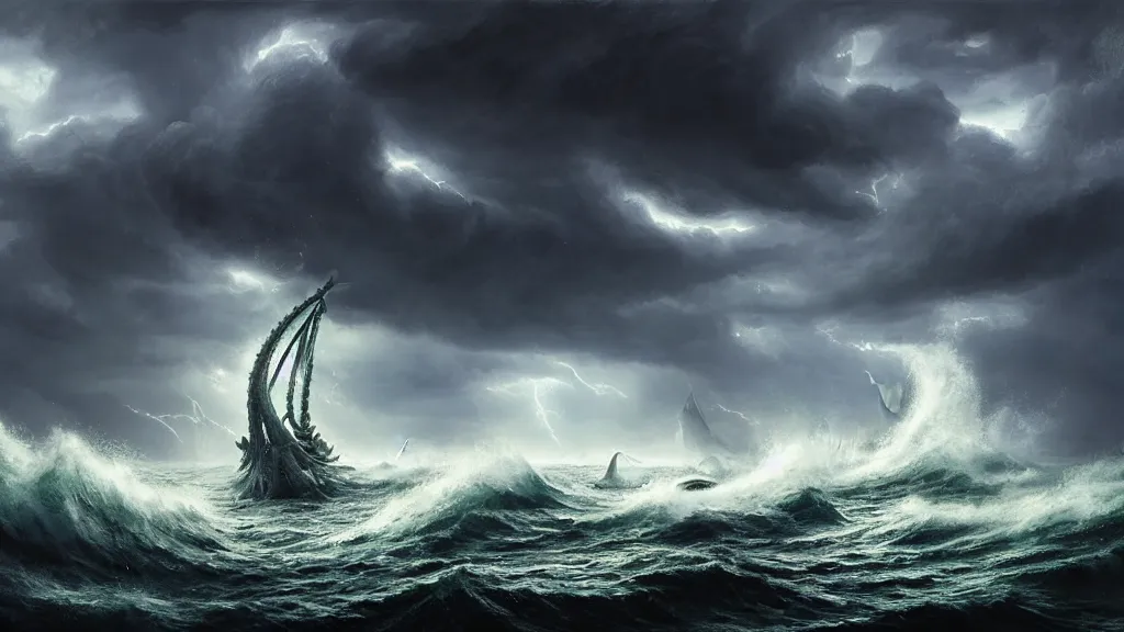 Prompt: small boat. massive giant kraken coming out of a stormy sea in the distance, giant waves, lightning in background, intricate, detailed, volumetric lighting, sharp focus, scenery, photorealism, digital painting, highly detailed, concept art, ruan jia, dark souls, steve mccurry