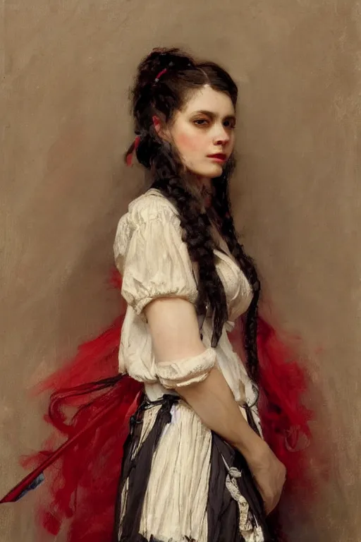 Image similar to Solomon Joseph Solomon and Richard Schmid and Jeremy Lipking victorian genre painting full length portrait painting of a young beautiful woman traditional german french pirate wench in fantasy costume, red background