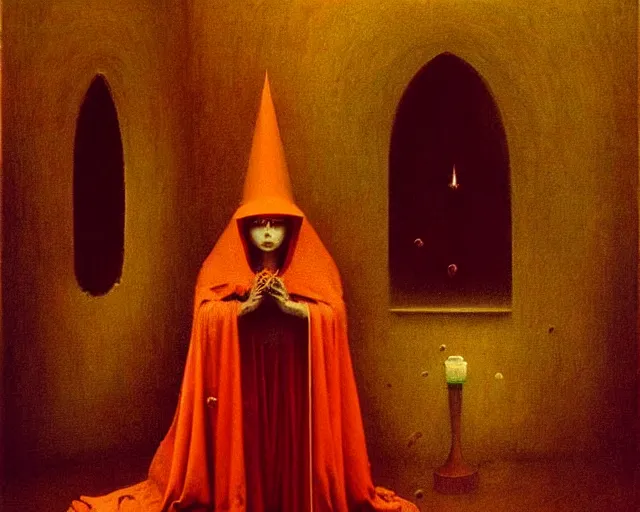 Image similar to devotion to the scarlet woman, priestess in a conical hat, coronation, ritual, sacrament, by francis bacon, beksinski, bosch, mystical redscale photography, opulence, luxury, maximalism.