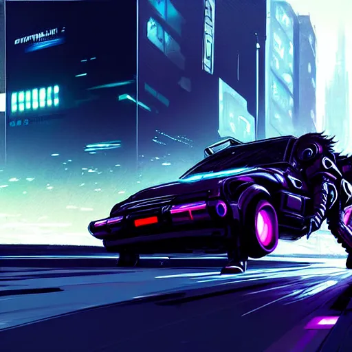 Image similar to cyberpunk dodging a moving car, highly detailed, in the style of greg rutkowski