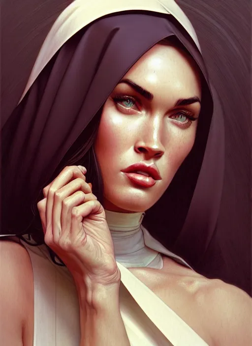 Image similar to portrait of megan fox as a sultry nun, catholic, church, bible, christian, intricate, headshot, highly detailed, digital painting, artstation, concept art, sharp focus, cinematic lighting, illustration, art by artgerm and greg rutkowski, alphonse mucha, cgsociety