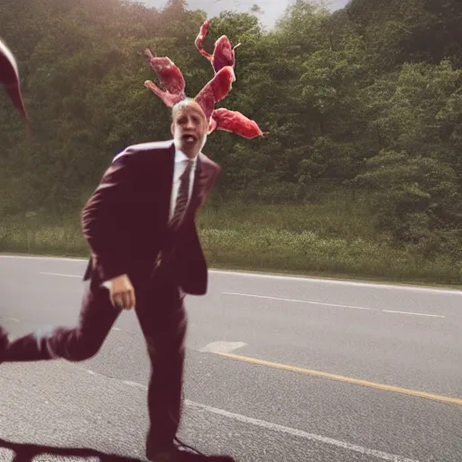 Prompt: man wearing suit gets mangled in the middle of a high speed road, organic meat flying everywhere, subway spinner, red mist, cinematic lighting, slow shot