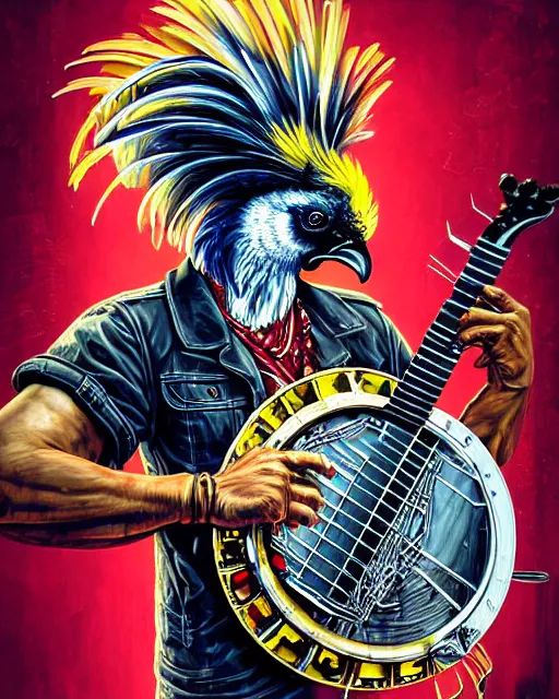 Prompt: a portrait of an anthropomorphic cyberpunk rooster shredding a banjo by sandra chevrier, by jon foster, detailed render, tape deck, epic composition, cybernetics, 4 k realistic, cryengine, realistic shaded lighting, sharp focus, masterpiece, by enki bilal